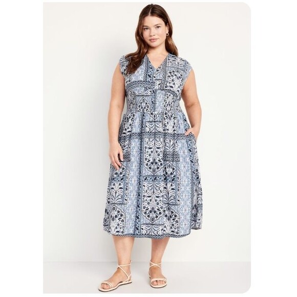 Old Navy Waist Defined Midi Dress 4X Blue Cottagecore Floral Boho Trad Wife - Picture 1 of 12